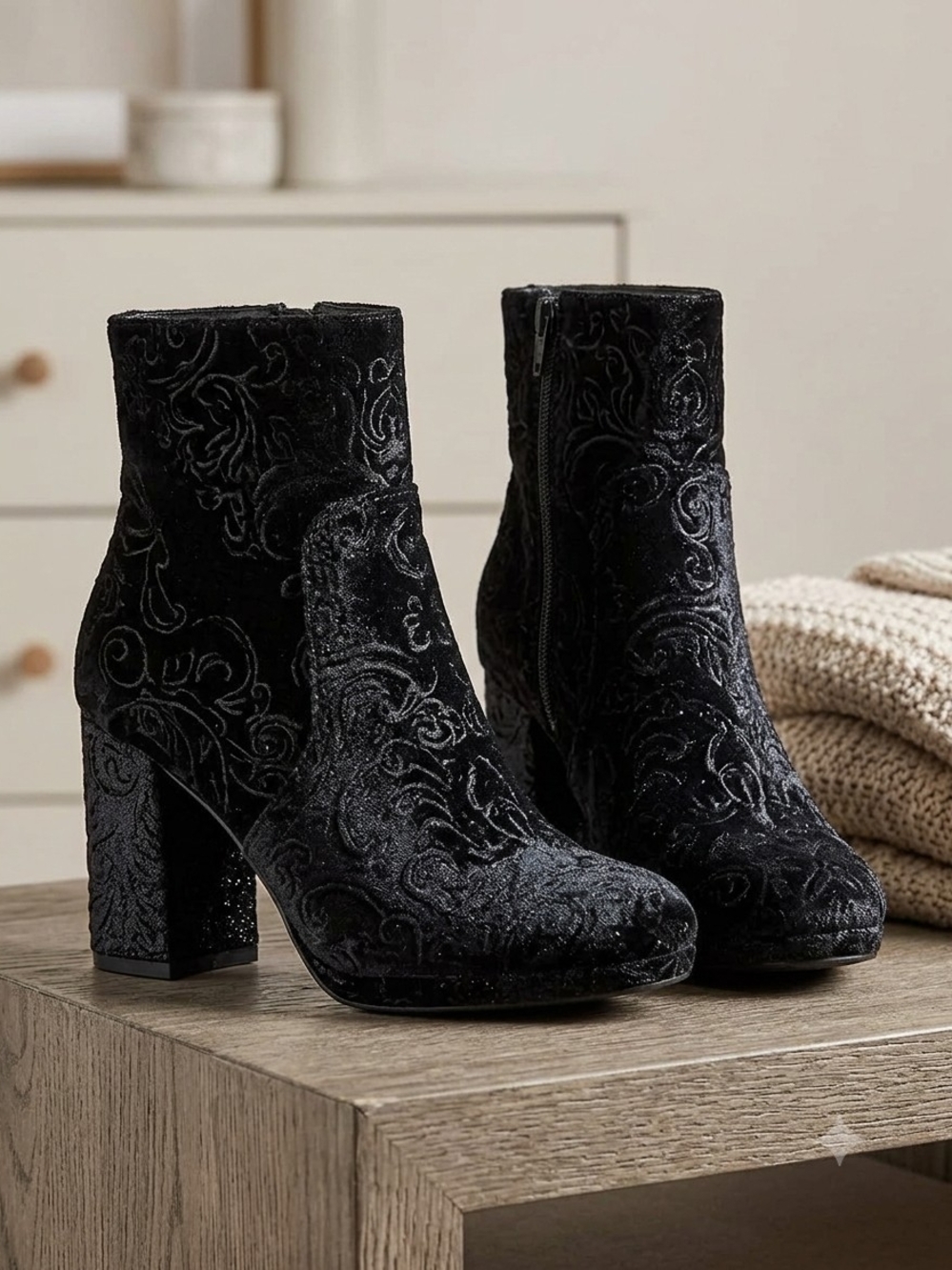 Refresh Women's Black Velvet Embroidered Block Heel Ankle Boots